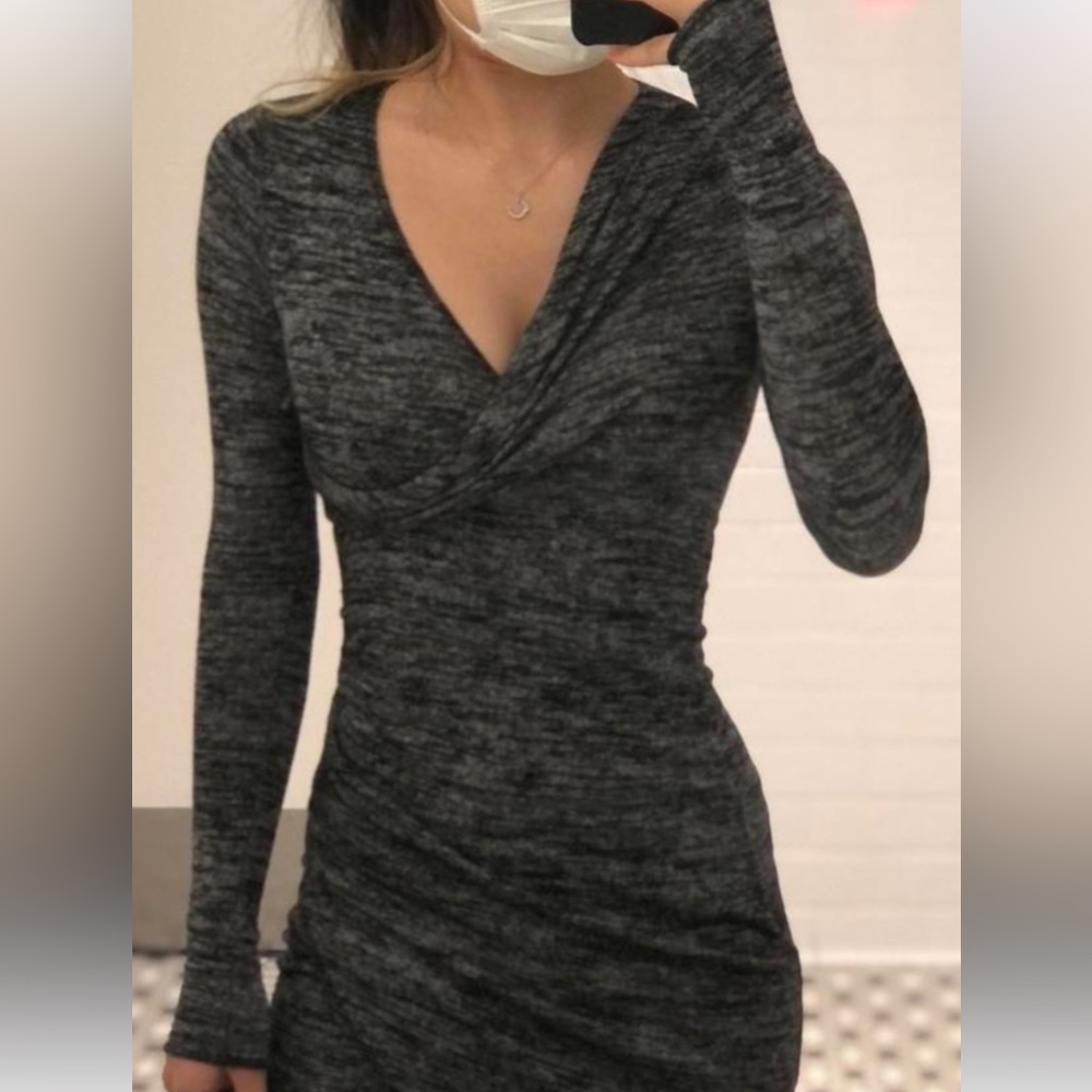 MODA INTERNATIONAL FAUX WRAP LONG SLEEVE DRESS BLACK WITH METALLIC THREA…